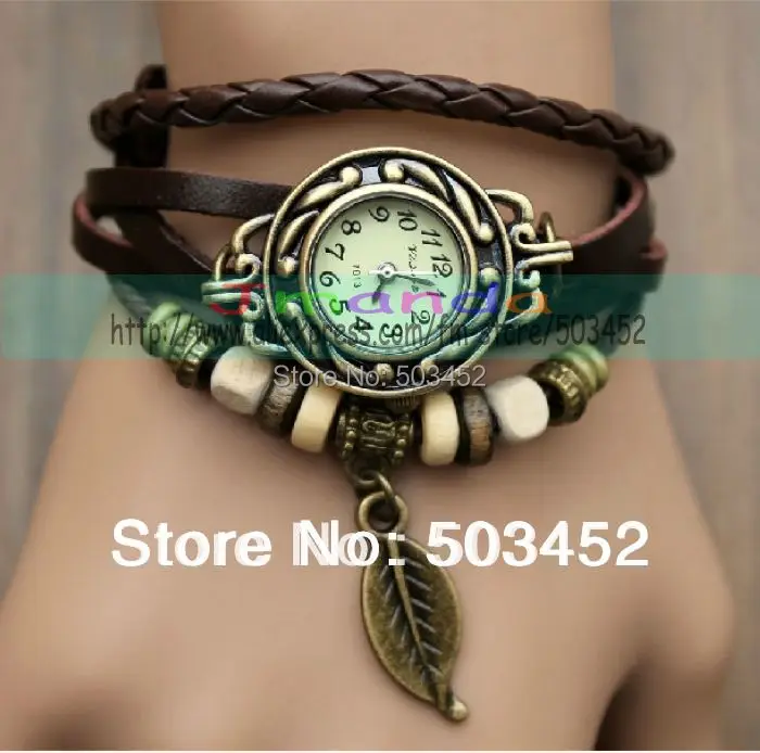 Акция! Часы с подвеской в виде листа винтажные часы из натуральной кожи Ретро