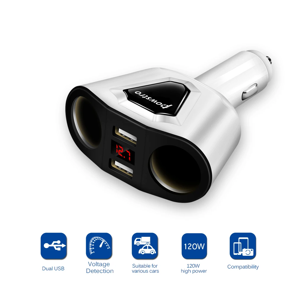 Powstro 3.1A устройство для автомобиля с двумя портами USB Зарядное устройство с 2 гнезда прикуривателя 120W Мощность Поддержка Дисплей ток Volmeter для iPhone iPad