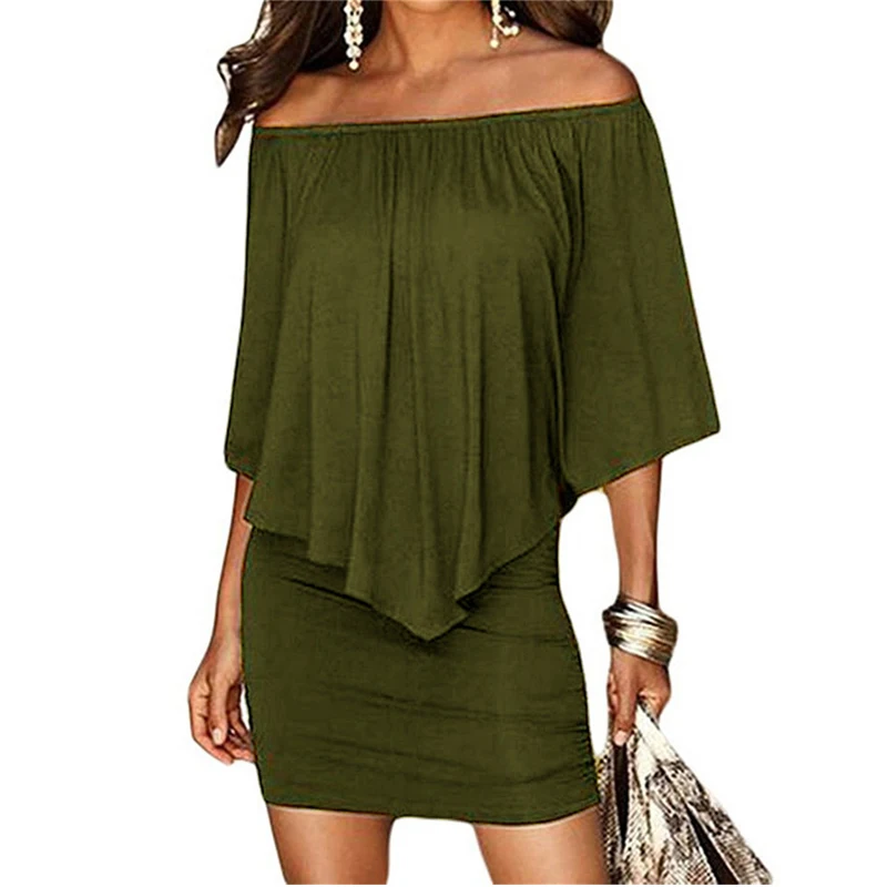 Армейский зеленый Slash шеи Для женщин Мини платье осень Летний стиль с открытыми