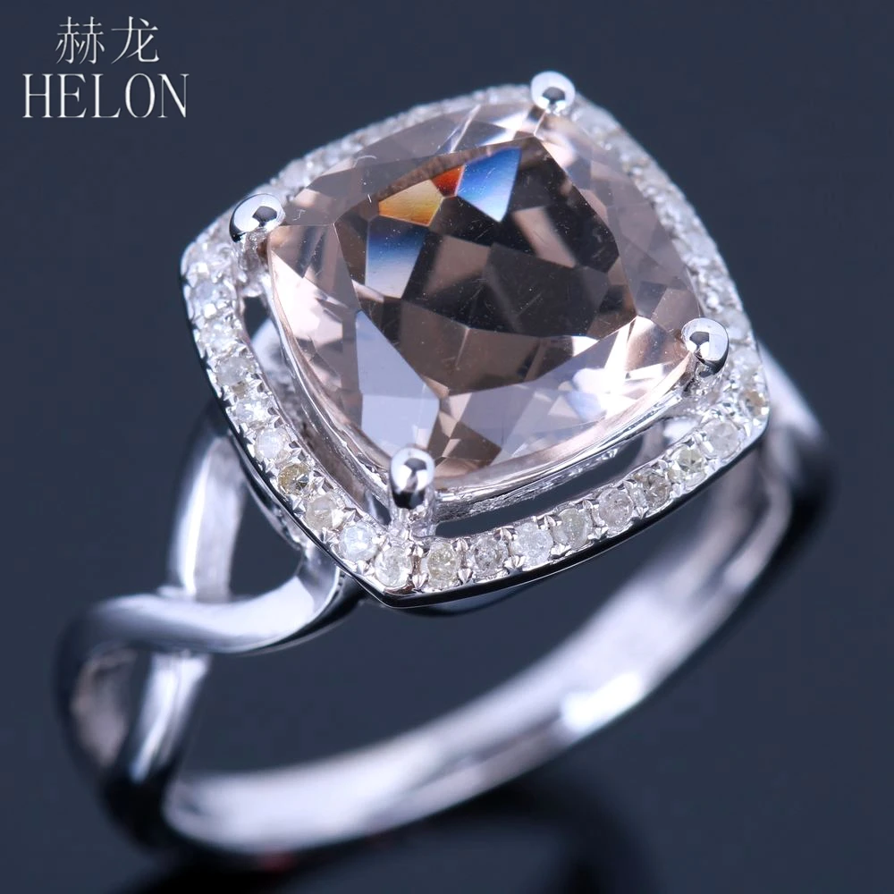 HELON Solid 14kt Белое золото безупречный 10 мм подушки Cut Натуральный дымчатый кварц 0.2ct бриллиантами обручение кольцо для женщин ювелирные украшения