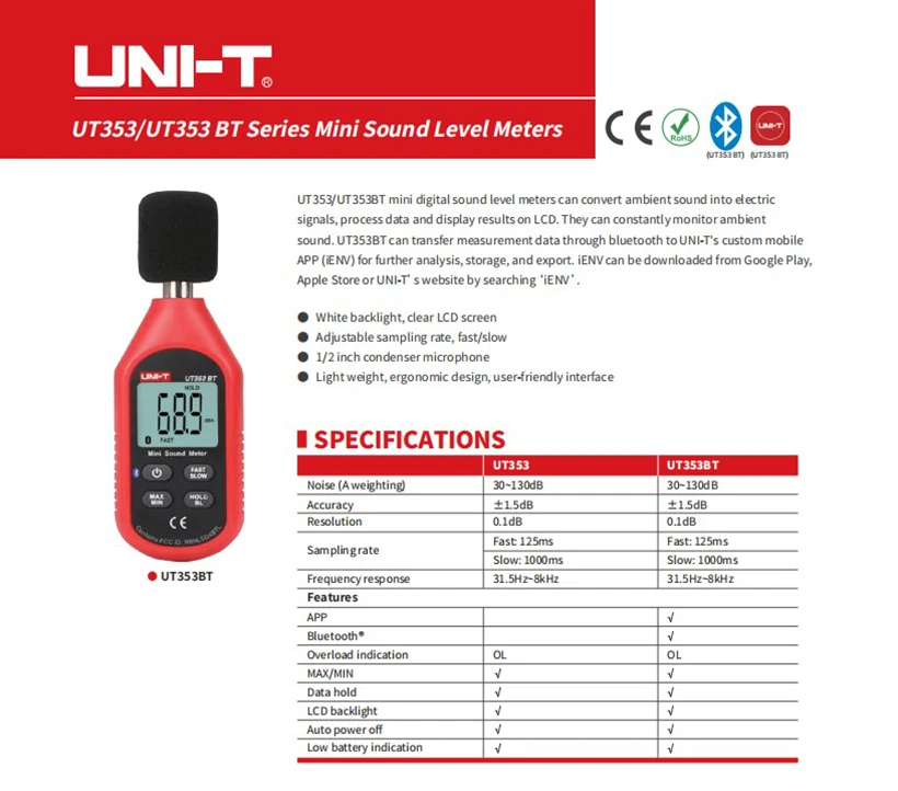 UNI-T UT353BT измеритель уровня звука цифровой Bluetooth измеритель уровня шума Тестер 30-130дб децибел мониторинг уровня звука