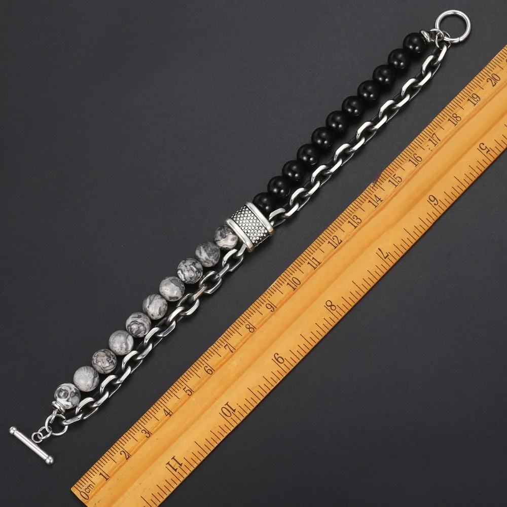 

HIYONG Charm Lucky Men Beaded Natural Map Stone Bracelet for Gift Stainless Steel Bracelets Beads Male Tigereye Strand Jewel