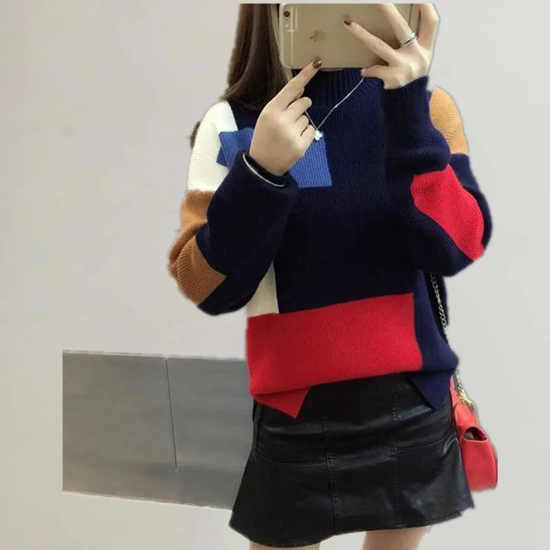 Sweater Women 2021 Autumn And Winter Knit Patchwork Short semi-high Collar Loose women's Sweaters Pullovers Vestidos LXJ448 | Женская