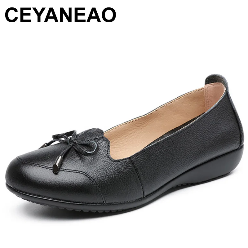 

CEYANEAO Plus Size 35-43 Autumn New Genuine Leather Bowknot Women'S Leisure Shoes Shallow Simple Cow Leather Shoes Casual Loafer