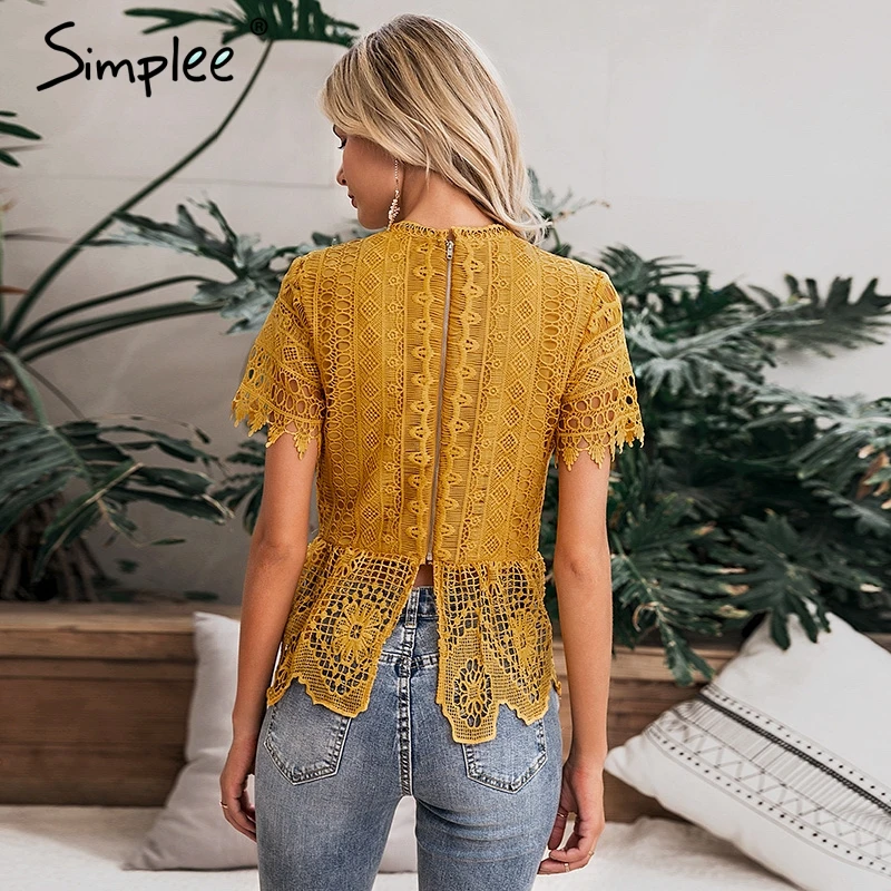 Женская кружевная блузка Simplee с вышивкой женский ажурный топ баской коротким