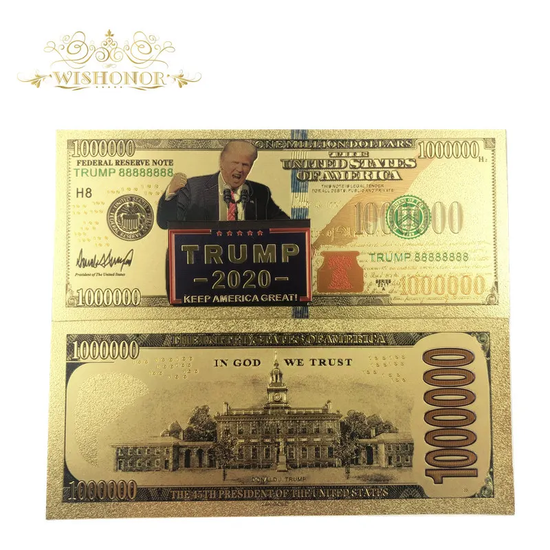 100 шт./лот красочные банкноты США Трамп 2020 года долларов в 24K позолоченные
