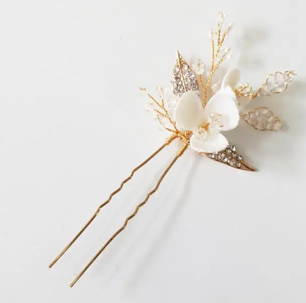Hair Pin A Свадебное Глиняное украшение из цветов заколка для волос набор горный хрусталь Золотой лист украшения для волос Модные женские вечерние аксессуары для волос - Окраска металла: Hair Pin A