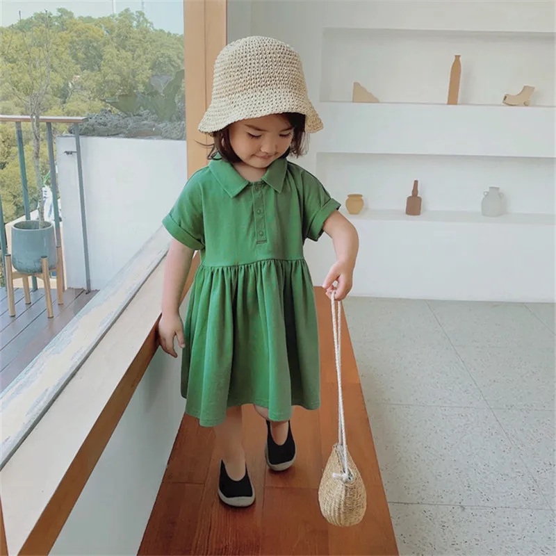 Summer Girls Baby Dress Clothes Turn-down Collar Kids Cotton Pleated Children School 100% Princess Dresses | Детская одежда и