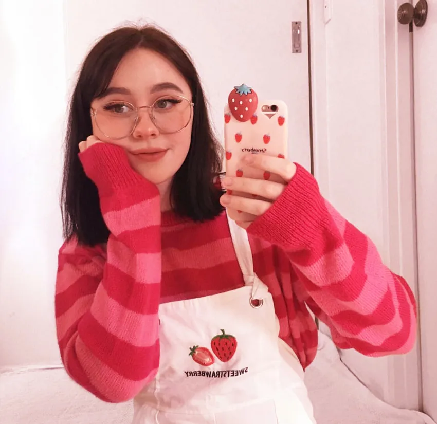 Kawaii сладкий милый pull femme красный полосатый мультфильм глаза вышивка свитер свободный вязаный свитер женский