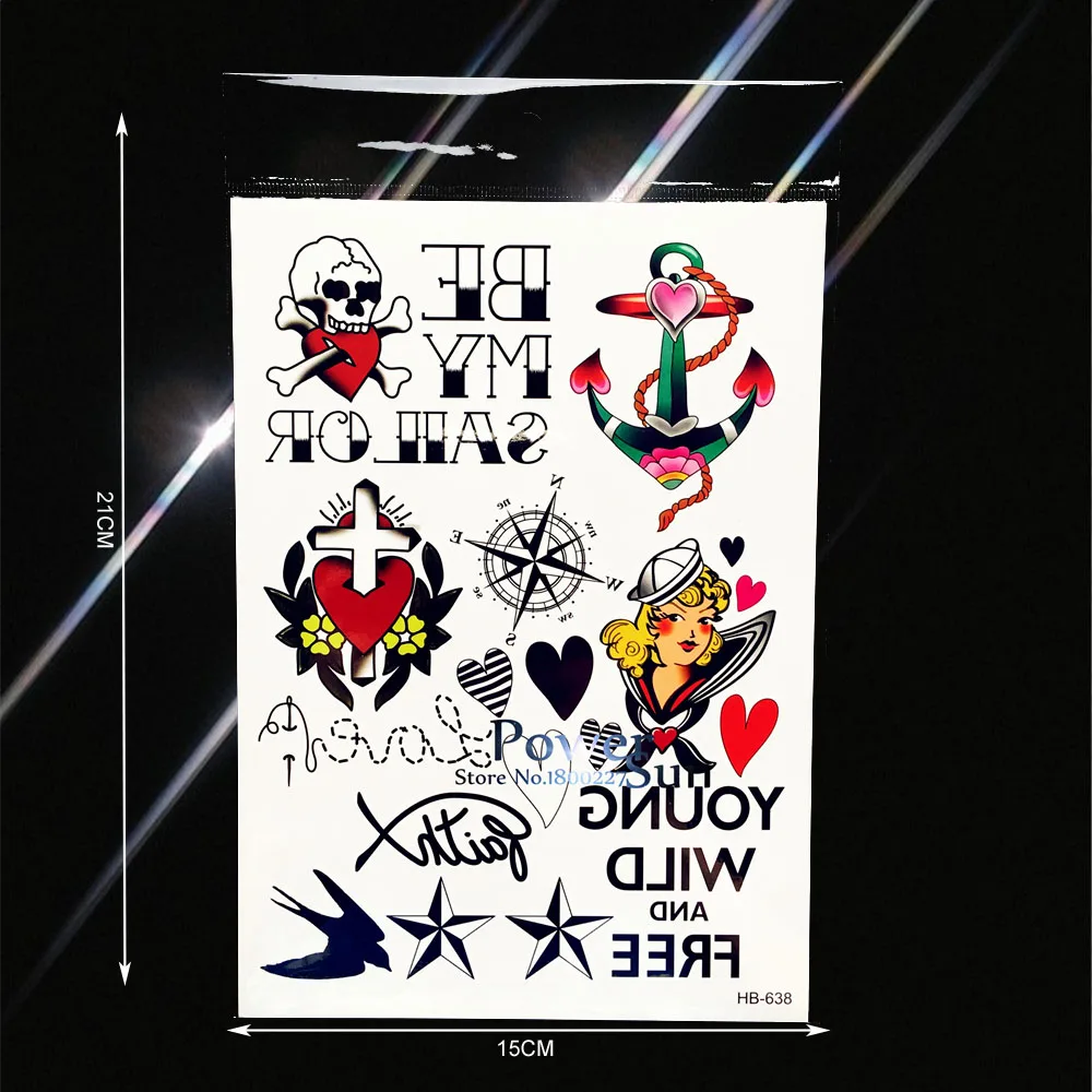 Цельная временная татуировка пират компас якорь крест череп голова звезда