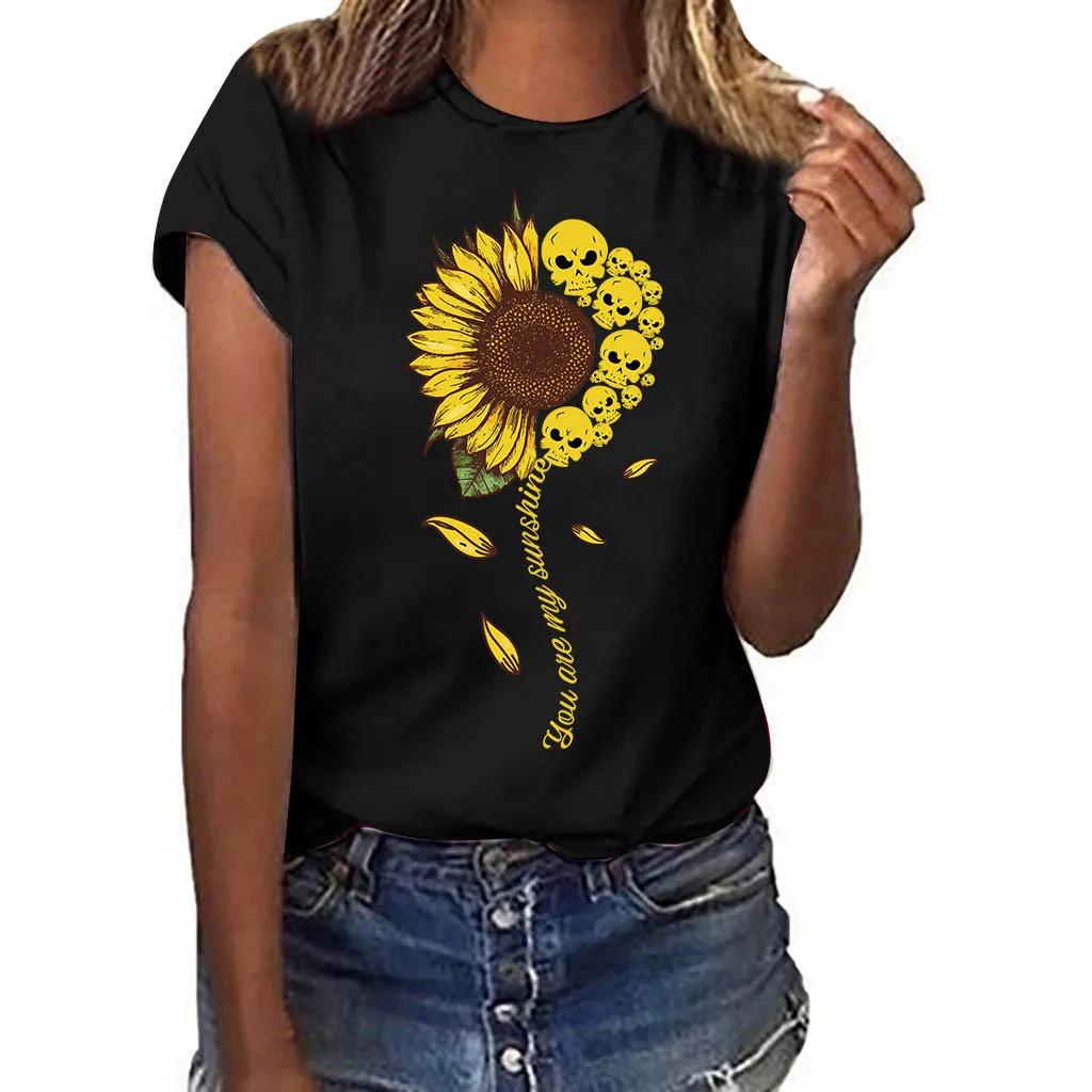 Женская футболка хлопковая Футболка большого размера с принтом подсолнуха и