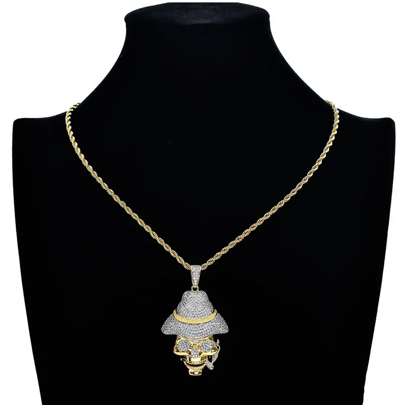 

Hip Hop Micro Paved AAA Cubic Zirconia Bling Ice Out Smoking Skull Pendants Necklaces for Men Jewelry Drop Shipping Gold Color