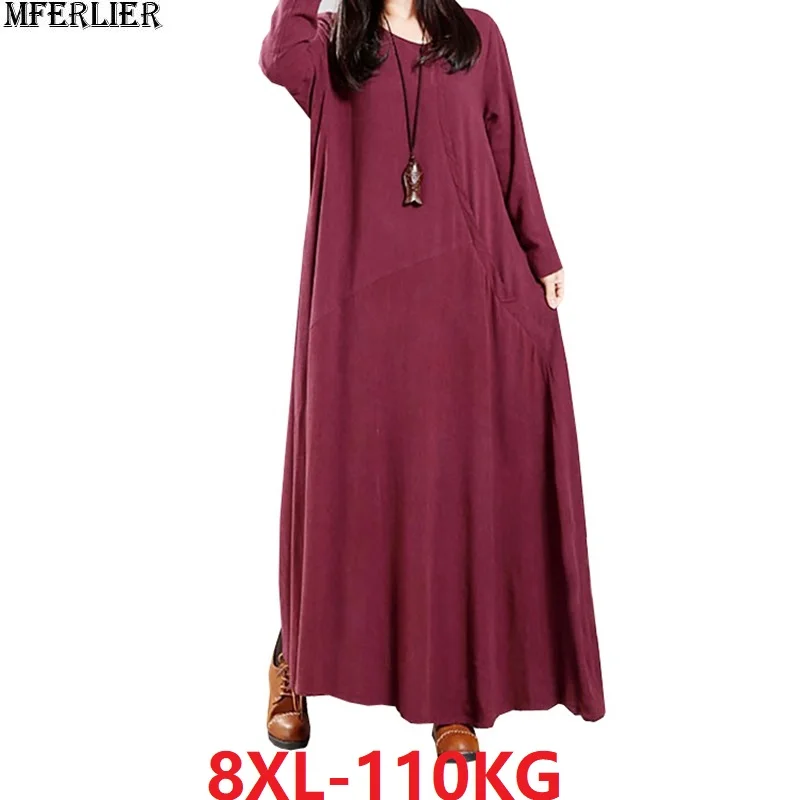 Осеннее хлопковое женское платье размера плюс 6XL 7XL 8XL простое с длинным рукавом