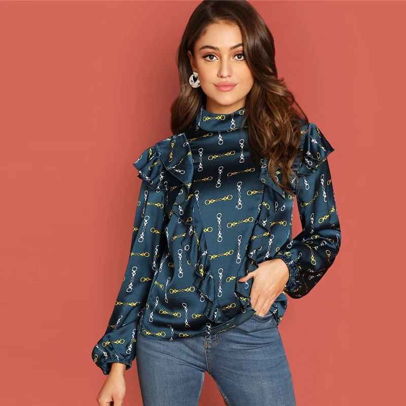 SHEIN Атласный Топ С Модным Платочным Принтом И Вырезом Под Горло, Элегантная Блузка Для Офиса, Женские Топы С Рюшами Блузки С Длинным Рукавом