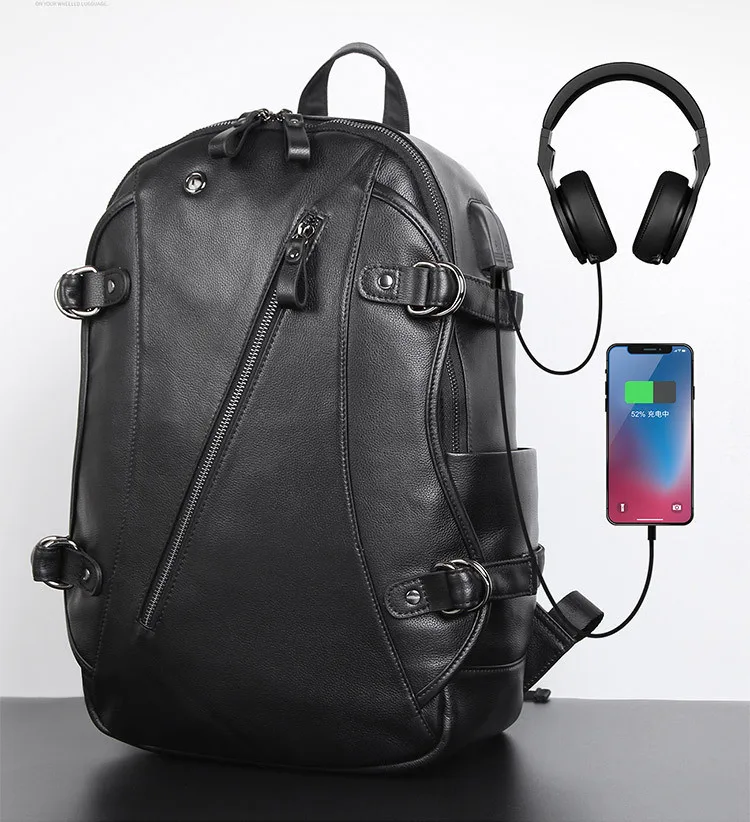 Мужской рюкзак из натуральной кожи черный вместительный дорожный для ноутбука