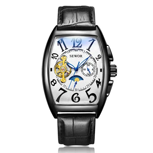 3 without box SEWOR, новинка, черные, золотые, Tonneau Tourbillon, автоматические механические часы для мужчин, ремешок из натуральной кожи, мужские часы, мужские наручные часы - Цвет: 3 without box