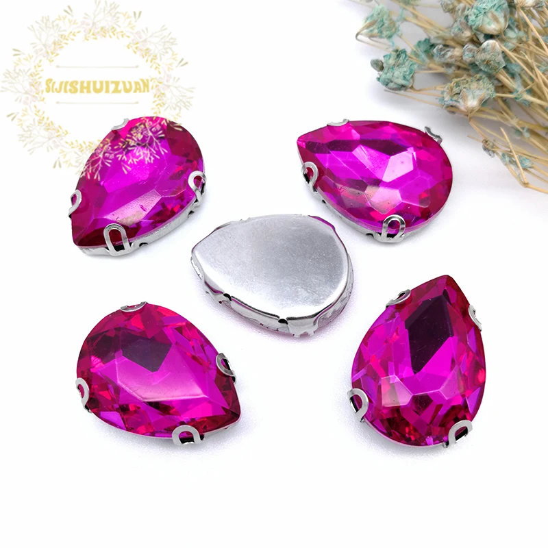 Лидер продаж! Розово-красные стеклянные кристаллы в форме капли пришивные стразы