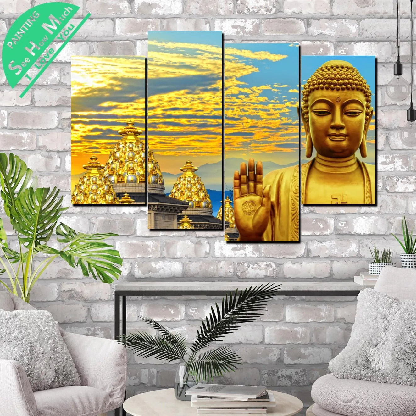 4 шт. Золотой Будда статус Современная Картина на холсте Плакаты и принты в рамке