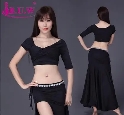 Черный Живота Танцы костюм B. u. w Brand модал Новая горячая Распродажа Для женщин живота Танцы костюмы упражнения производительность топ+ юбка костюмы 8082 - Цвет: Черный