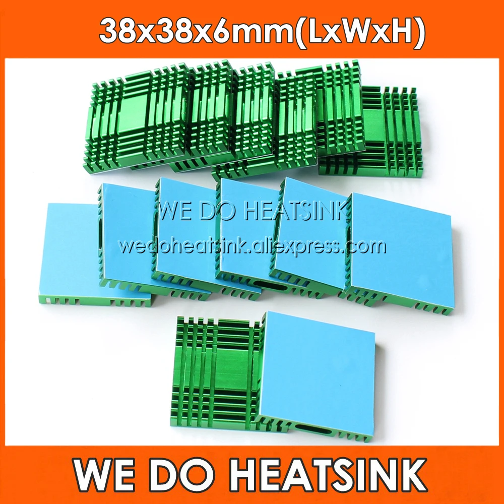 

Wholesale 38x38x6mm Green Slotted Anodized Aluminum Heatsink Cooler With Thermal Conductive Adhesive Pad Applied