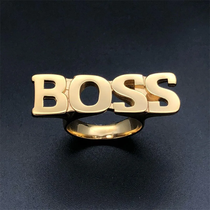 Мужское кольцо в стиле хип хоп с надписью BOSS золото серебро черный нержавеющая