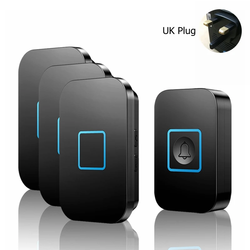 black 1x3 UK Умный беспроводной дверной звонок Водонепроницаемый 1 Кнопка 3 приемника US EU UK AU Plug 300 м удаленный Интеллектуальный домашний светодиодный светильник дверной Звонок - Цвет: black 1x3 UK