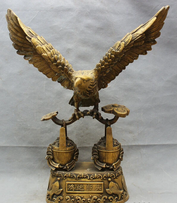 USPS to USA S1813 25&quot Chinese Bronze Fly Eagle On RuYi YuanBao Coin Wealth Bucket Cask Fish Statue | Дом и сад