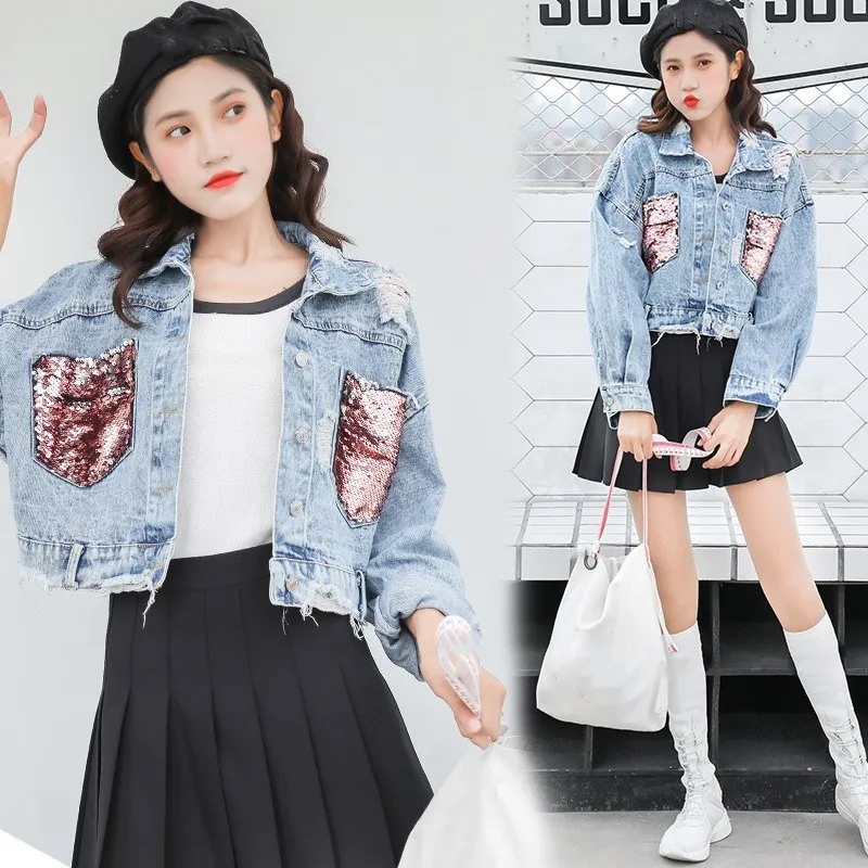 Женская джинсовая куртка с блестками Весенняя разрезами 2019 | одежда