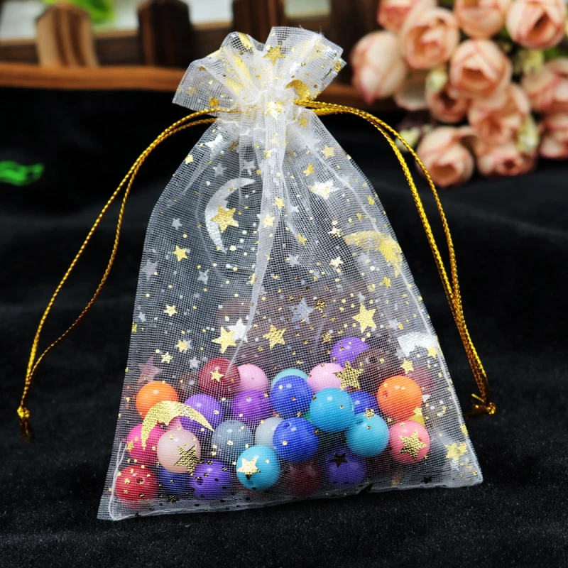 

Wholesale 100Pcs/Lot Small Organza Bag 9x12cm Moon Star Wedding Jewelry Packaging Bags Cute Drawstring Gift Bag Organza Pouches