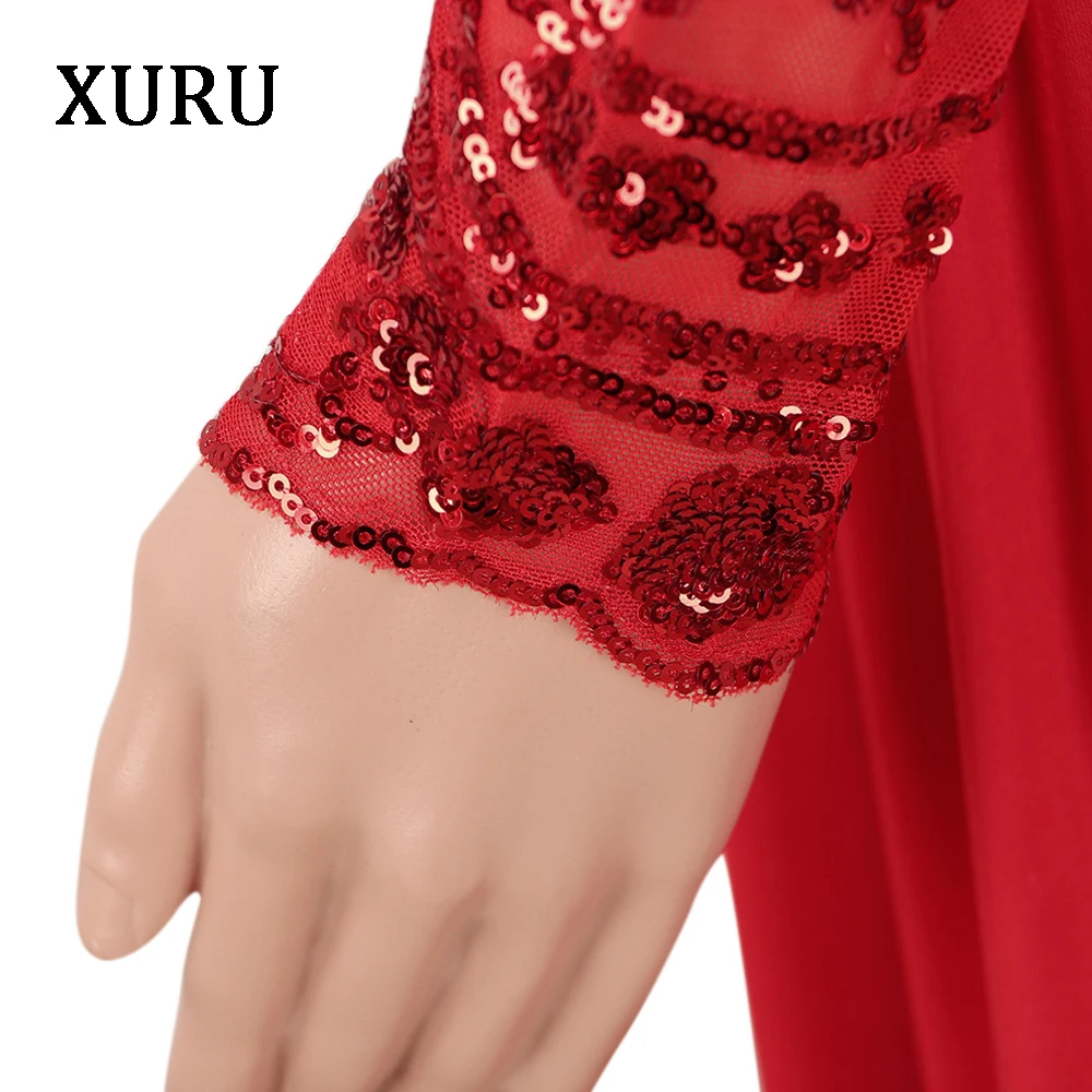 

XURU Women Sequined Long Maxi Dress O Neck Long Sleeve High Split Loose Dresses Mesh Patchwork Hollow Out Womens Party Dress