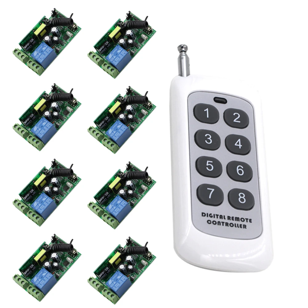 

High Quality AC 85V 110V 120V 220V 250V RF Wireless Remote Control ON OFF Switch 1 Digital Remote Controller and 8 Receivers
