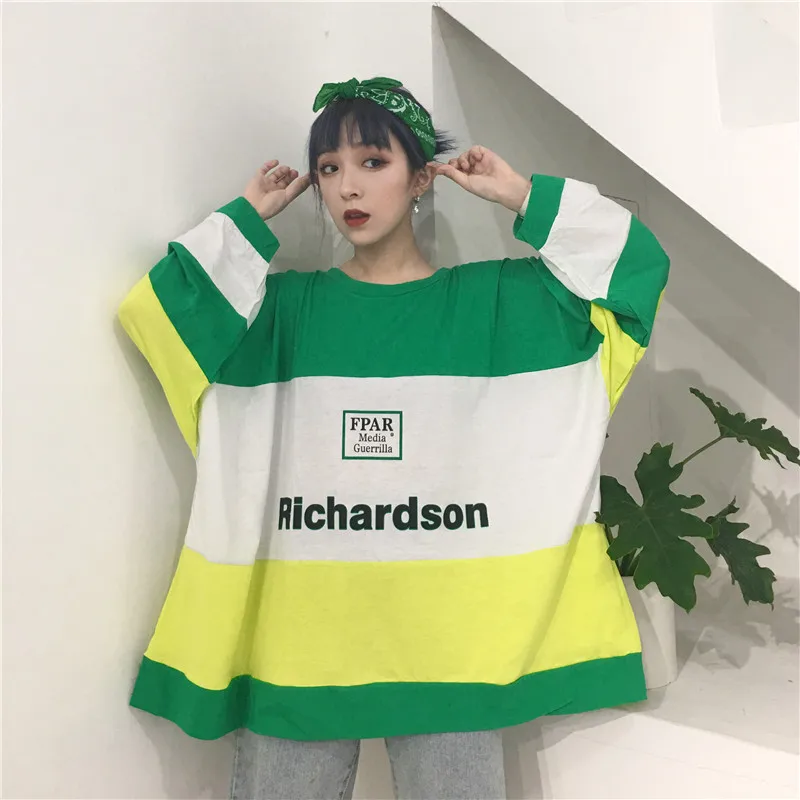 see chart Camisetas Mujer; осенняя одежда в Корейском стиле; Ulzzang Harajuku; Лоскутная футболка с буквенным принтом и длинными рукавами для женщин; футболки для девочек - Цвет: see chart