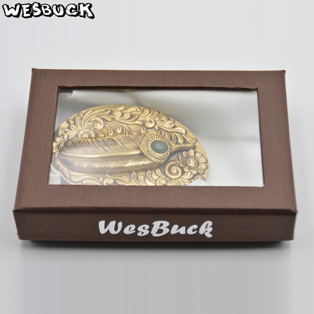 Wesbuck Brand Высокое качество 3D перья овальная пряжка на ремень с твердой латуни мужские и женские ремень головы