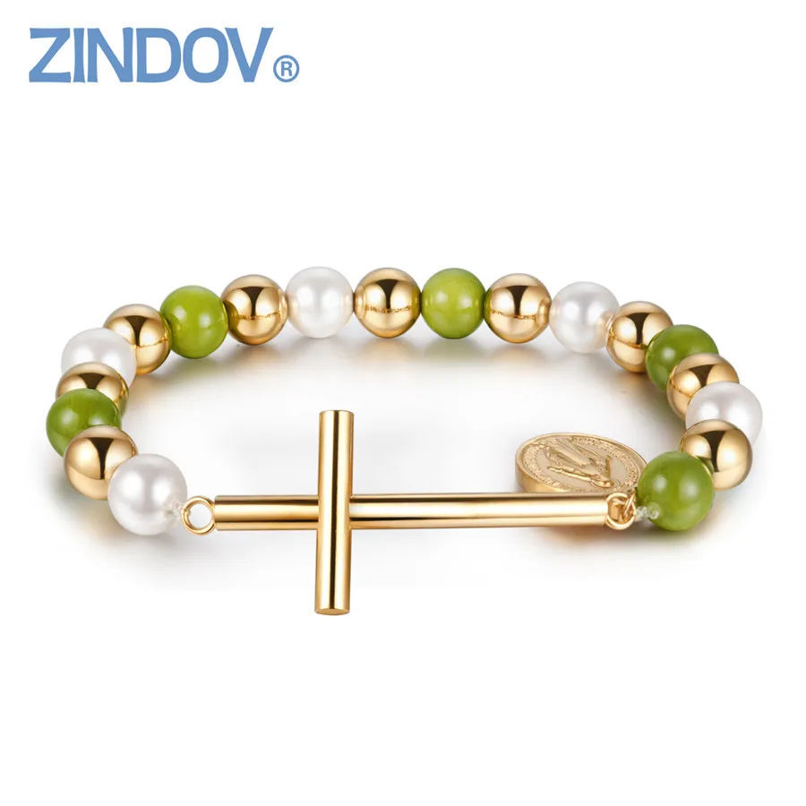 Браслеты с бусинами из нержавеющей стали подвеской в виде Девы Марии розового