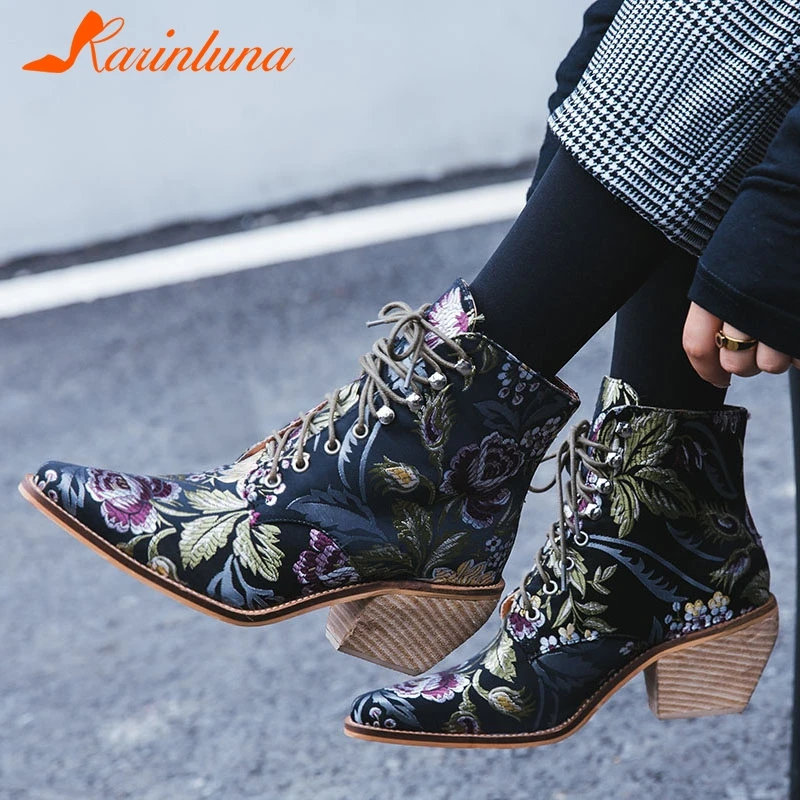 KARINLUNA/2019 г. Новые брендовые Дизайнерские ботильоны с вышивкой для подиума женская