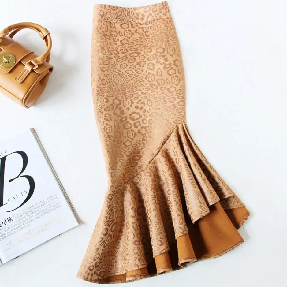 Юбка годе Женская замшевая с завышенной талией и леопардовым принтом|Женские