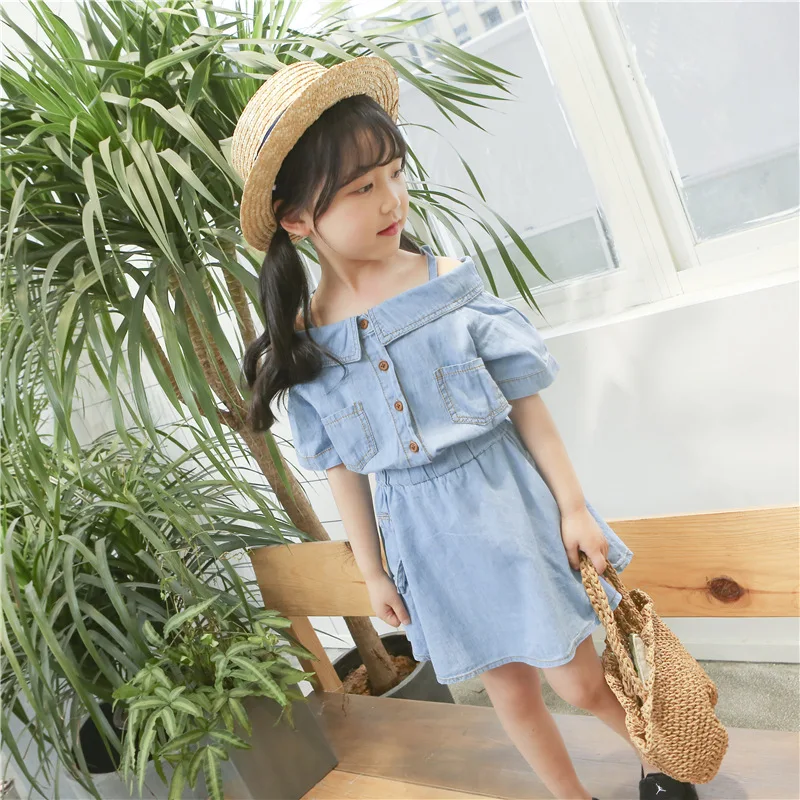 Summer Children Girls Strapless Dress Kids Shoulderless Denim Toddler Cowboy Patchwork Dresses Baby Clothes 2018 New | Детская одежда и