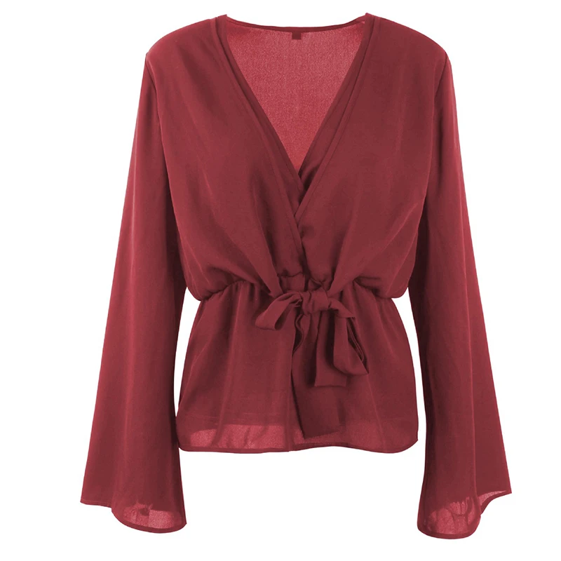 

Fashion V-neck strap top with long sleeves Women Chiffon Top Fashion Solid Color Tie Long Sleeve Casual Blouse