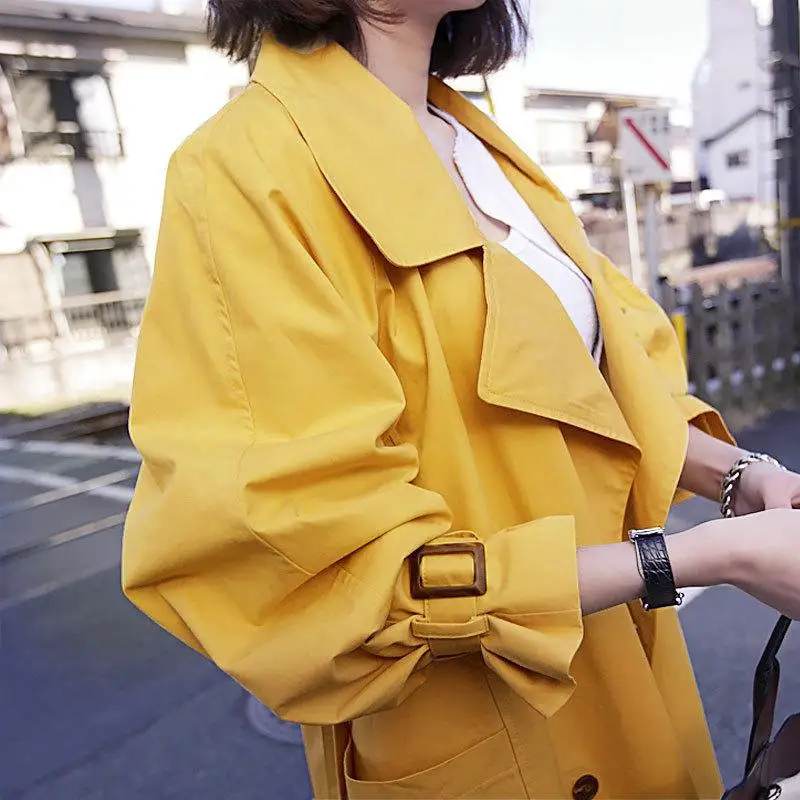 

Women Trench Coat Women 's Long Coats 2019 Autumn Casual Double Breasted Slim Solid Women's Trench Yellow Thin Coat Windbreaker
