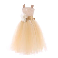pageant wedding dresses for girls kids champagne long tulle crossed back bow feather sash fluffy children formal vestido