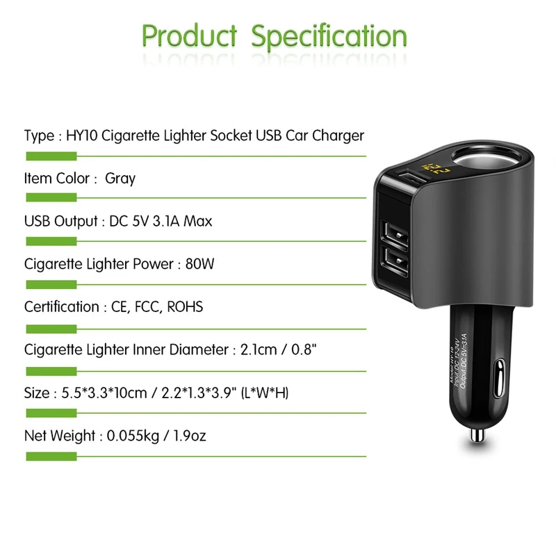 Hy10 3.1A 3 Usb быстрая зарядка автомобильное зарядное устройство адаптер с Volmeter Прикуриватель разъем для Dc 12-24 В
