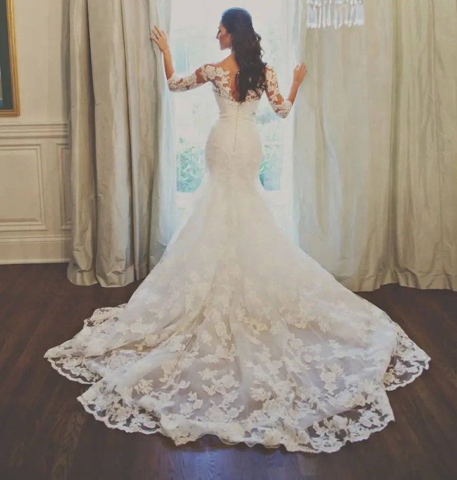 2015 Романтический Белый Кот Кружево Аппликация Русалка Свадебные Платья Половина