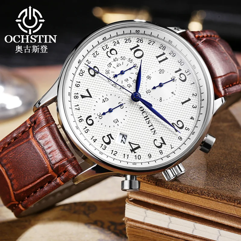 OCHSTIN мужские часы с хронографом спортивные кожаным ремешком кварцевые