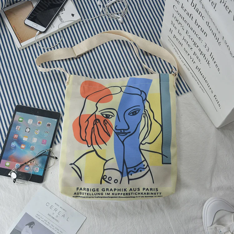 Matisse, мультяшный принт, Ulzzang, Повседневный, забавный, мультяшный, через плечо, женская, большая емкость, искусство, Винтаж, Harajuku, холст, сумки на плечо