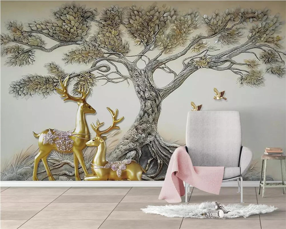 

Custom wallpaper Home Decor Living Room Bedroom Mural Embossed Big Tree Fortune Deer TV Background Wall 3d Wallpaper