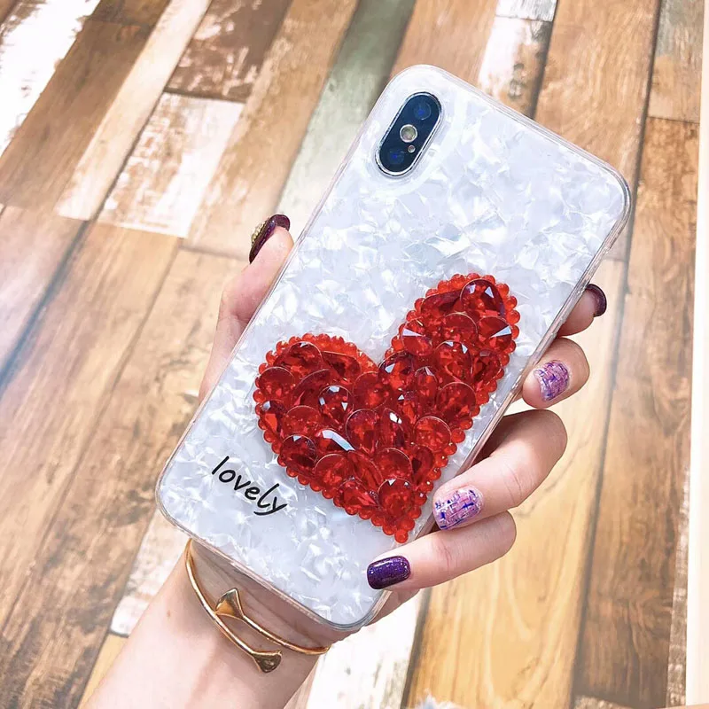 Роскошные раковины Мягкий силиконовый чехол для iPhone X 10 алмаза сердца Rhinestone