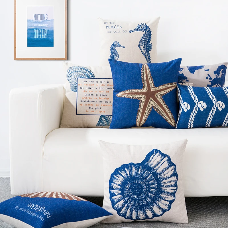 Льняная подушка крышка средиземноморские синие Классический Простой шаблон