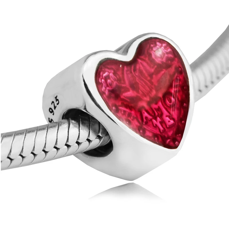

925 пробы серебряные ювелирные бусы Подходит для Pandora Браслеты латинский, любовь, Сердце Подвески с прозрачной светло-вишневая Эмаль Бесплат...