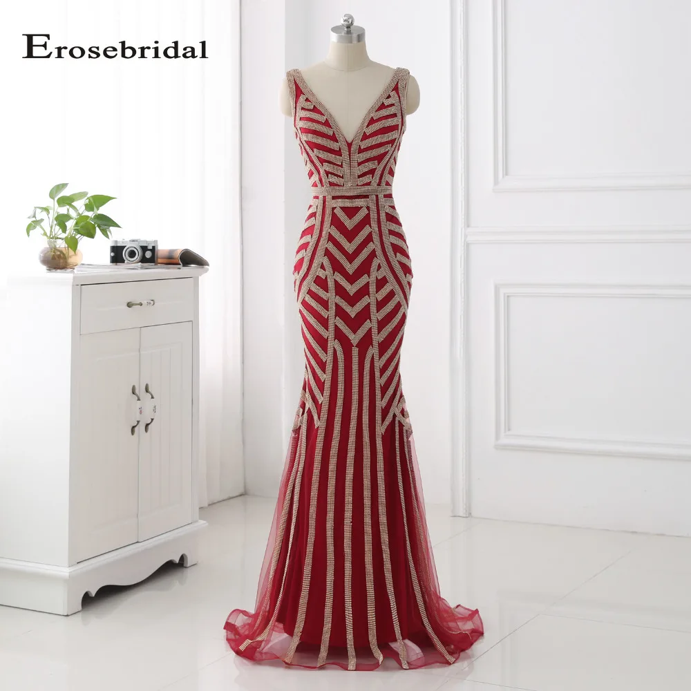 Женское длинное платье Русалка Erosebridal бордовое вечернее размера плюс с золотыми