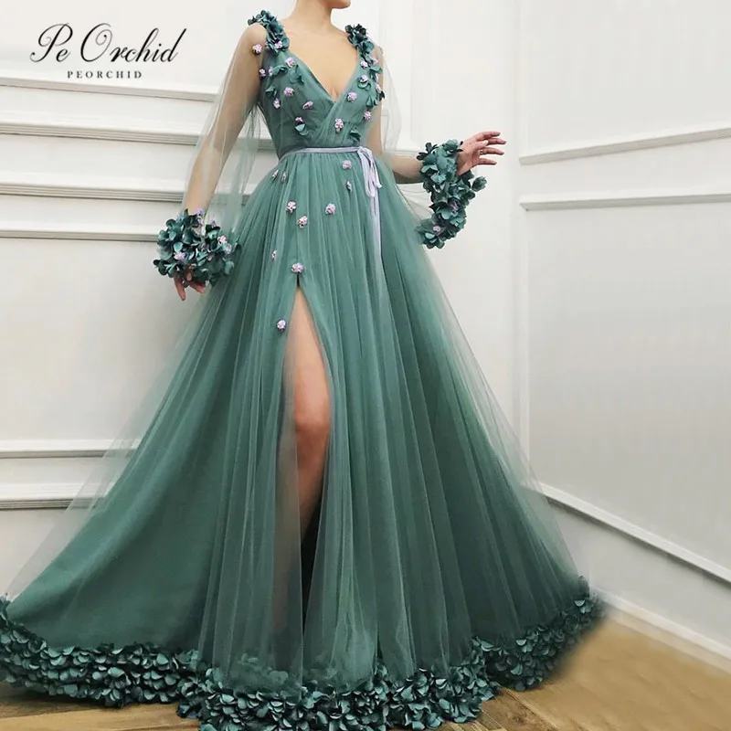 

PEORCHID Party Long Prom Dresses With Sleeves Elegant 2019 Handmade Flowers Tulle Vestidos Para Formatura Sexy Evening Dress